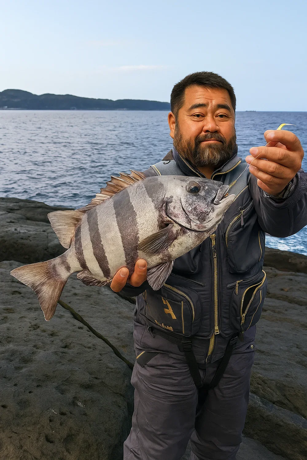日置大崎でイシダイを釣る楢崎