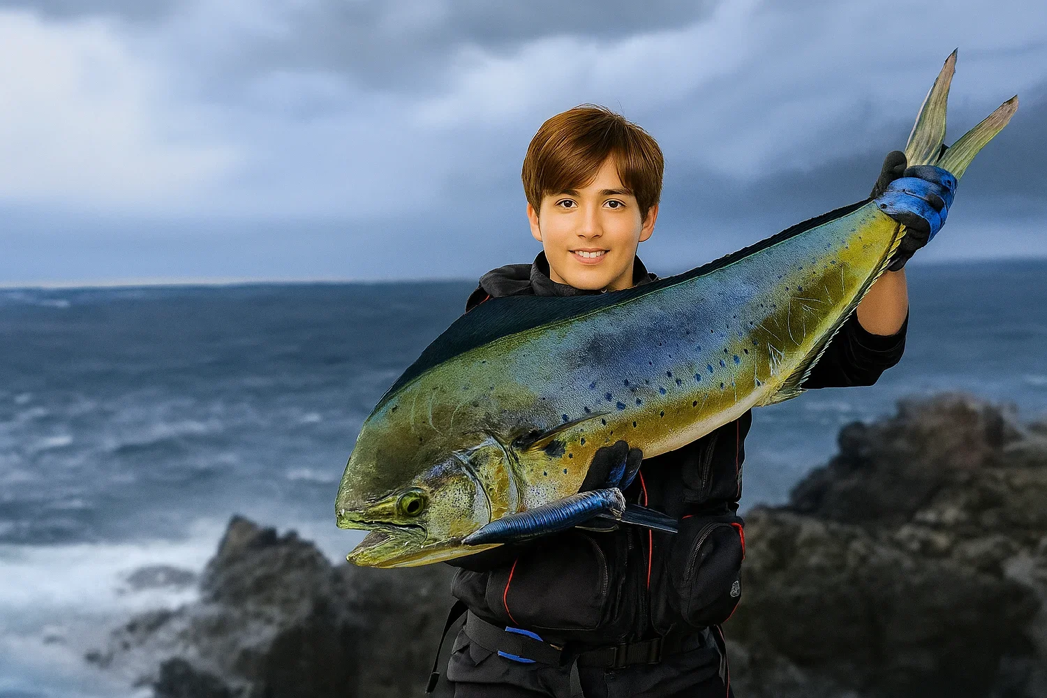 クレ崎でシイラを釣る久良木