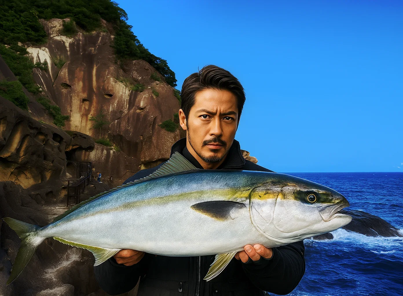 鬼ヶ城でハマチを釣る広岡