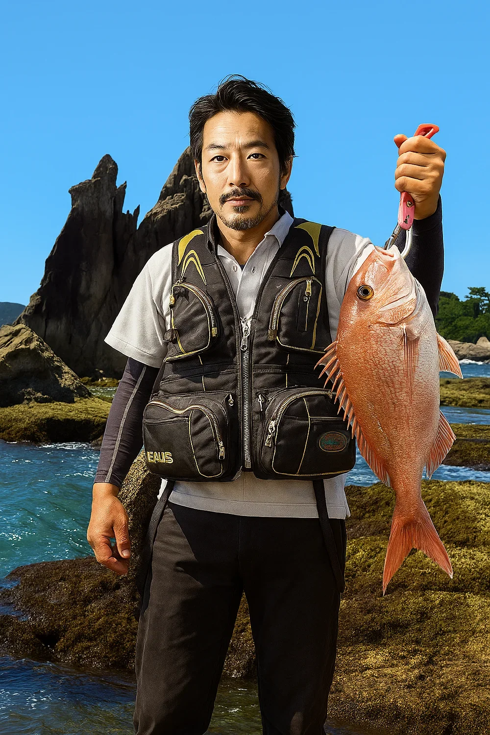 橋杭岩でマダイを釣る佐々木