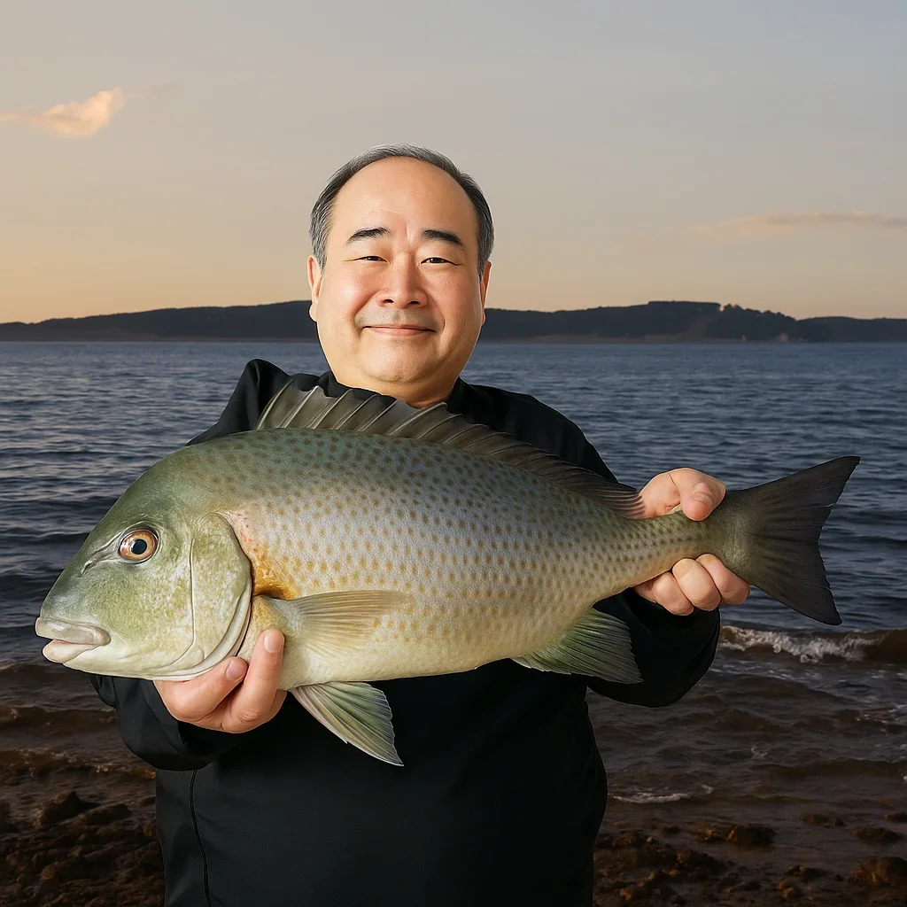 見草崎でコロダイを釣る持田