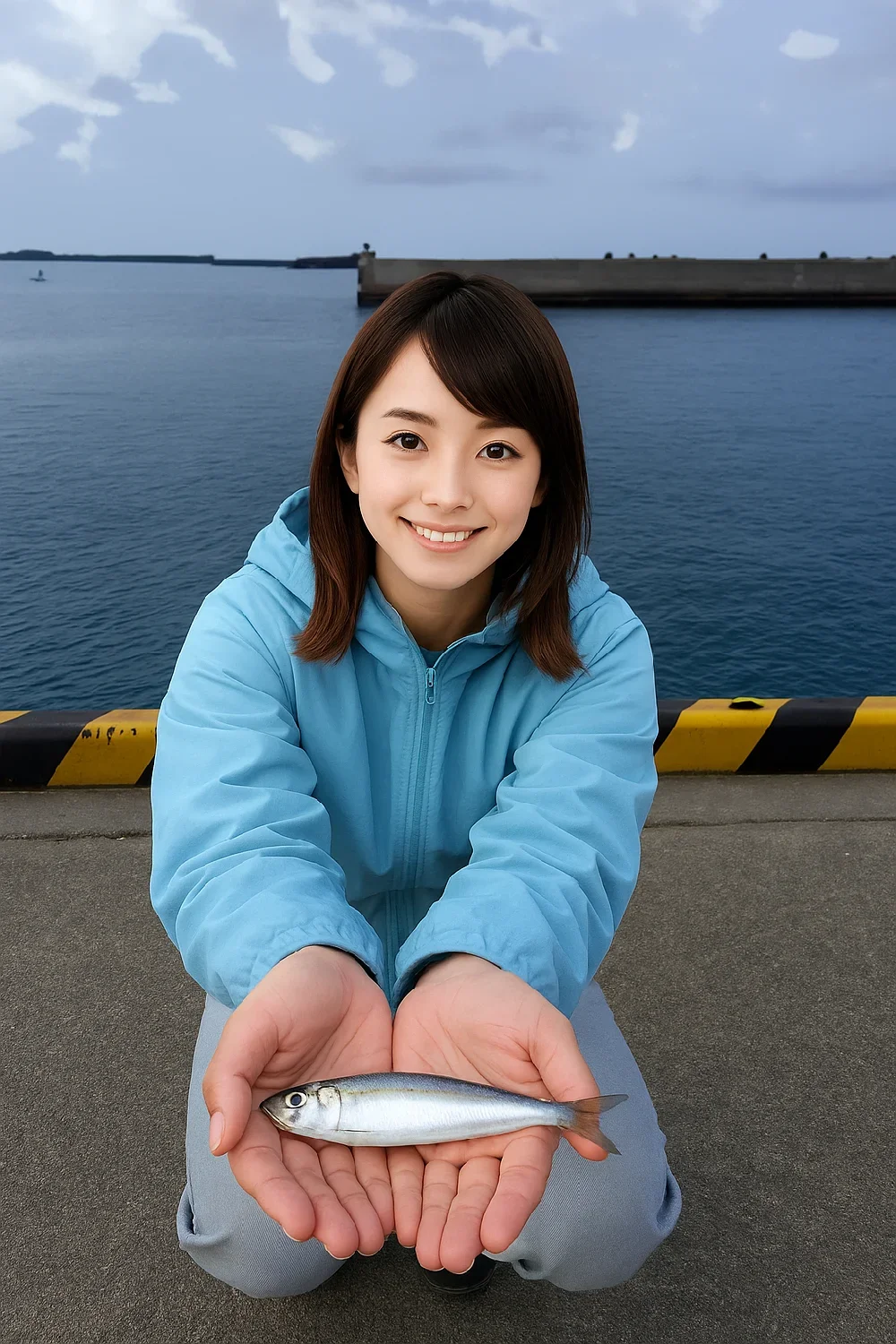 日高港でイワシを釣る西岡