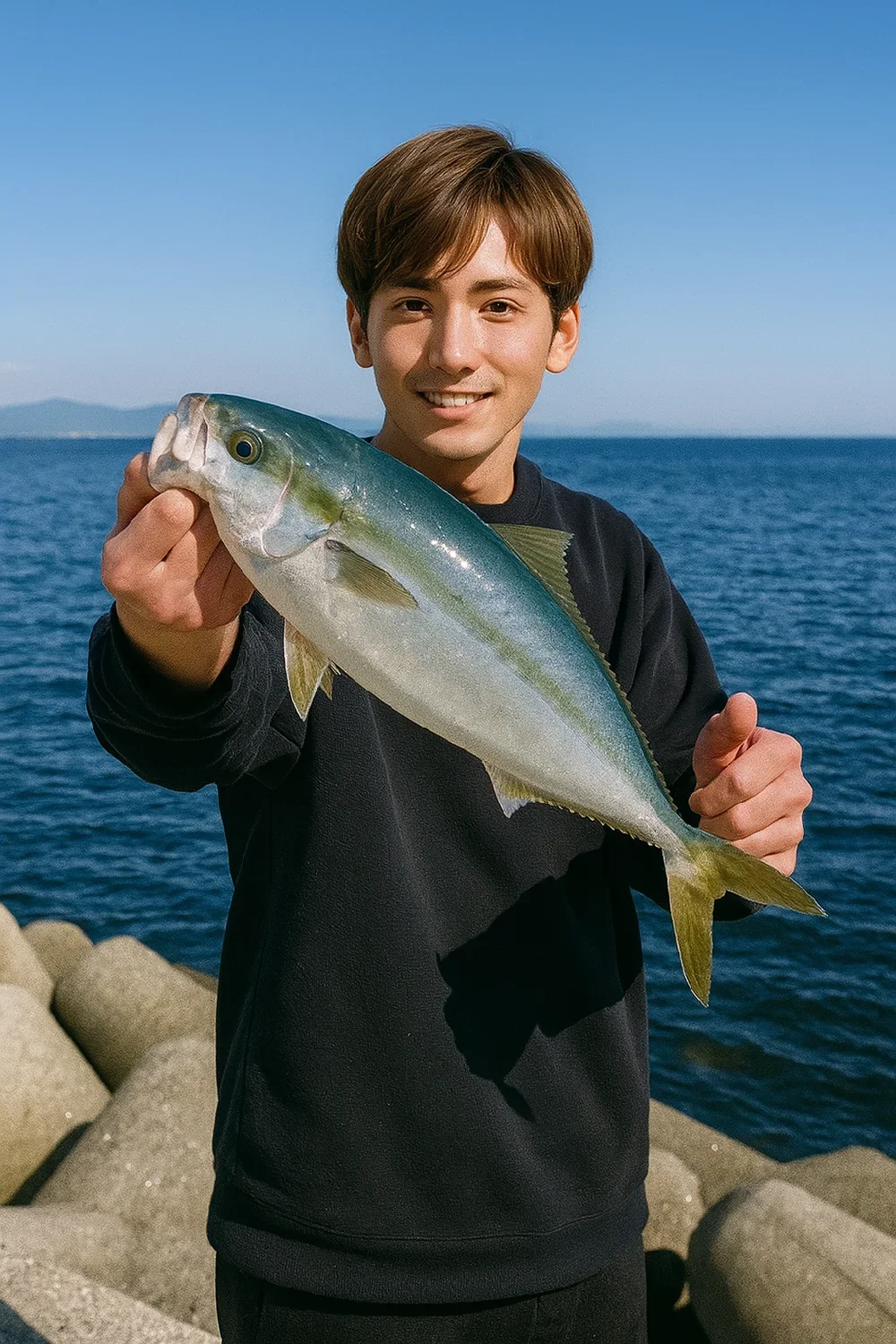 東二見人工島でハマチを釣る久良木