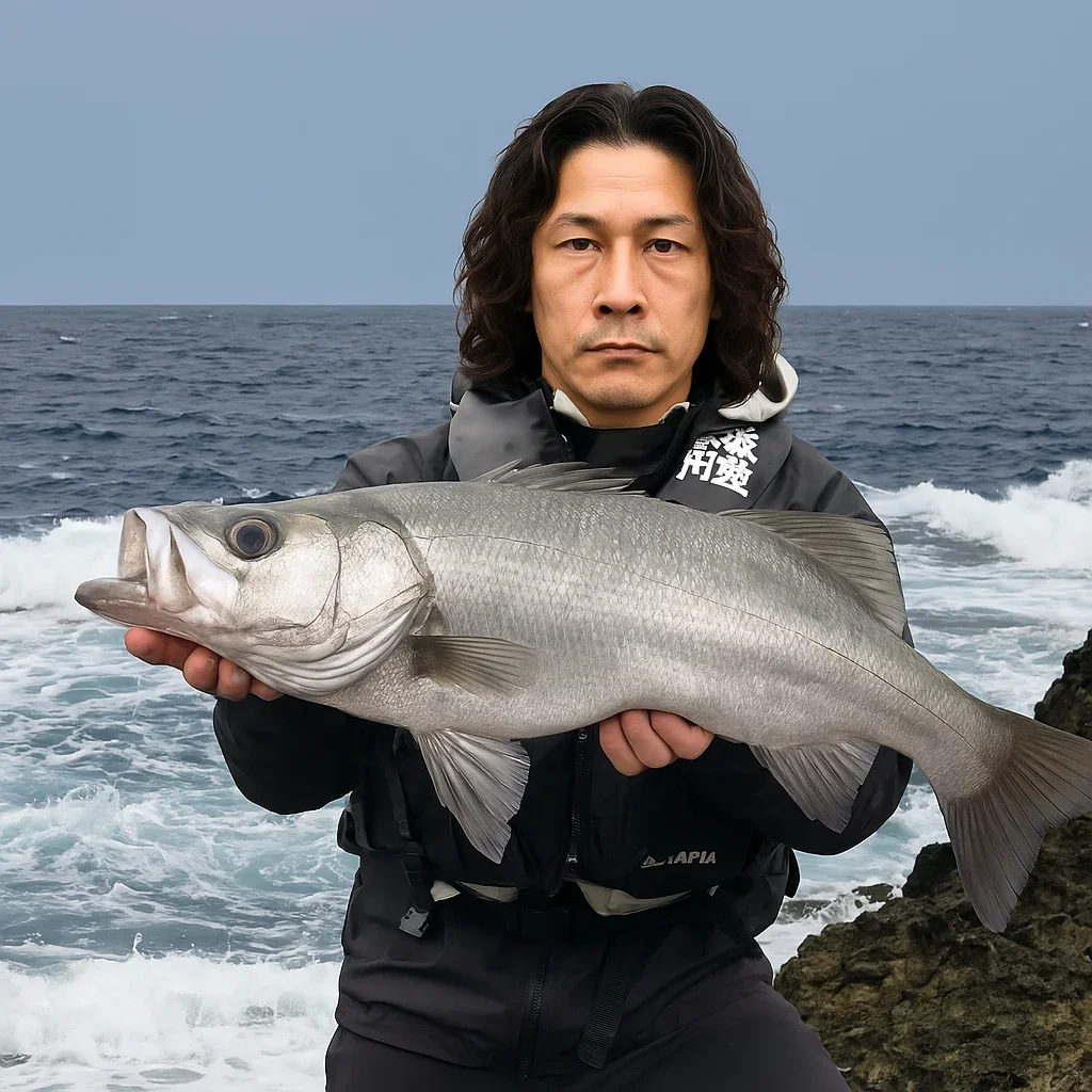 伊豆大島龍王崎でヒラスズキを釣る岸本
