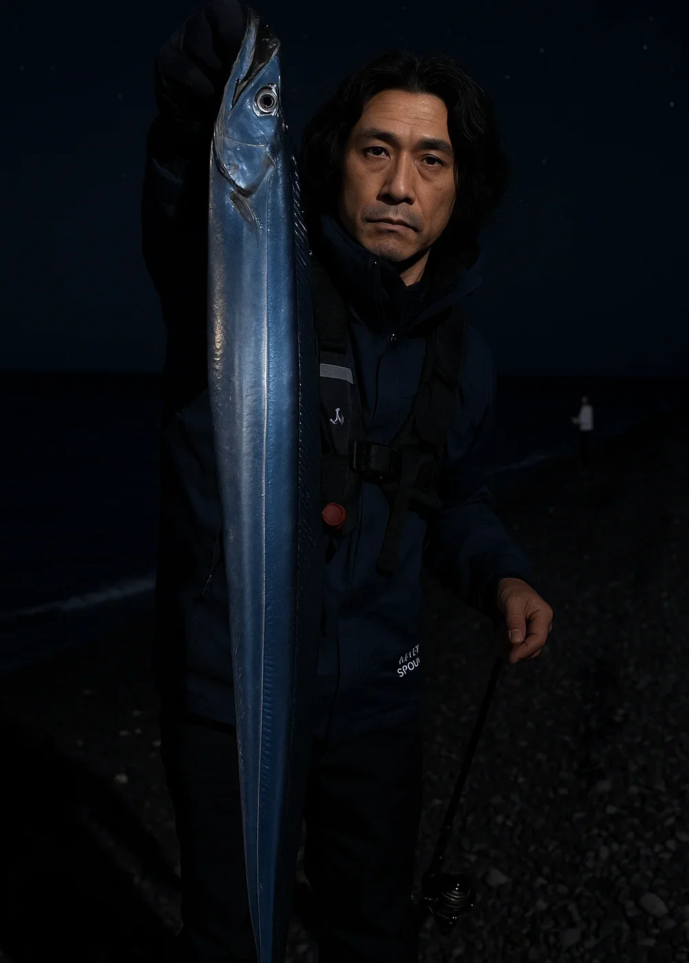 石津浜でタチウオを釣る岸本