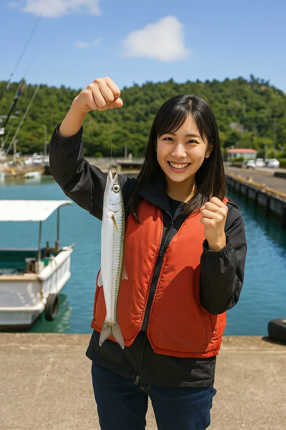 父島二見港でカマスを釣る黒川