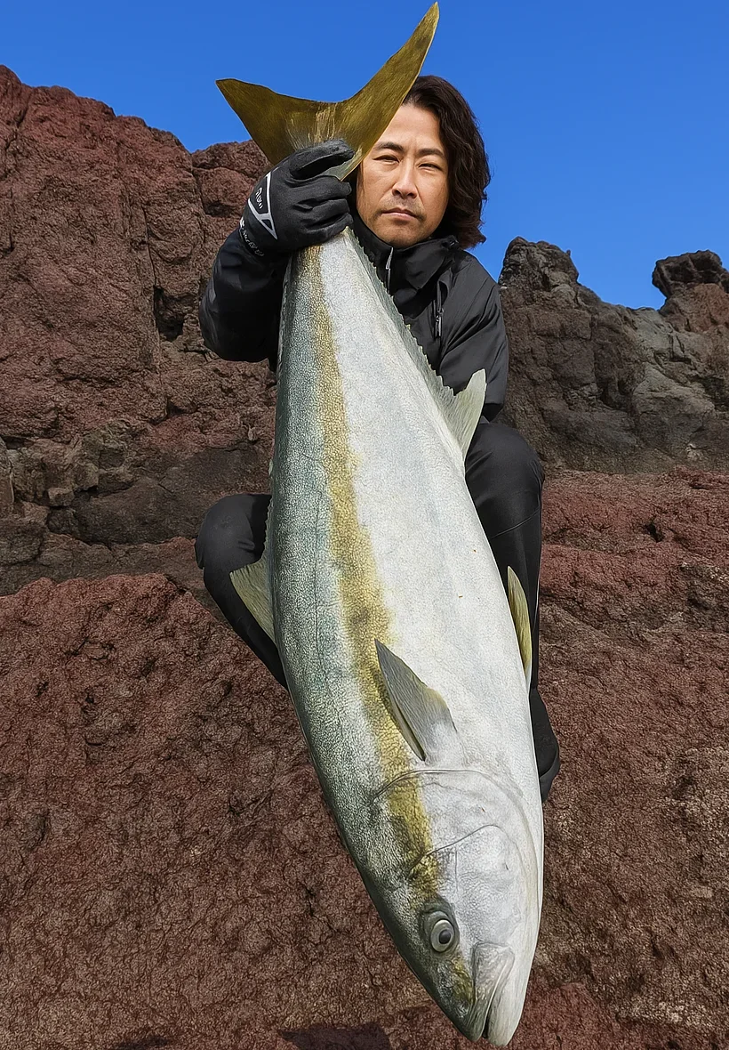 鵜渡根島でヒラマサを釣る岸本