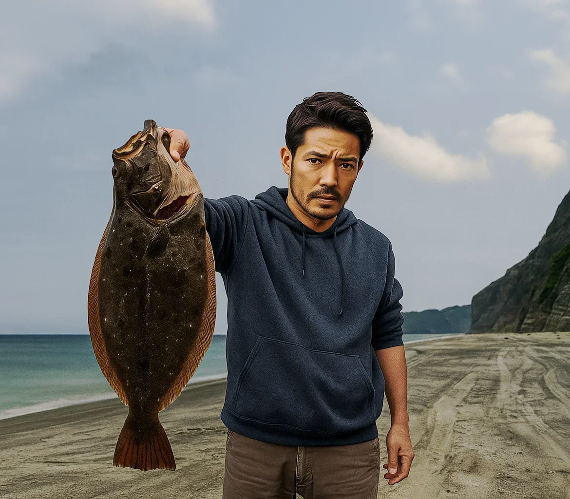 新島羽伏浦海岸でヒラメを釣る広岡