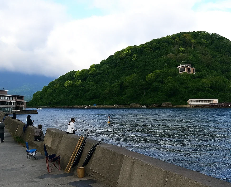 重寺港で釣りをする人々