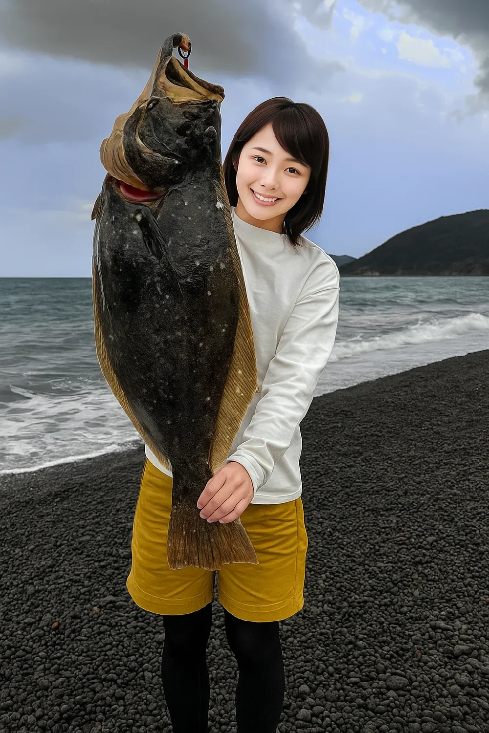 煙樹ヶ浜でヒラメを釣る西岡
