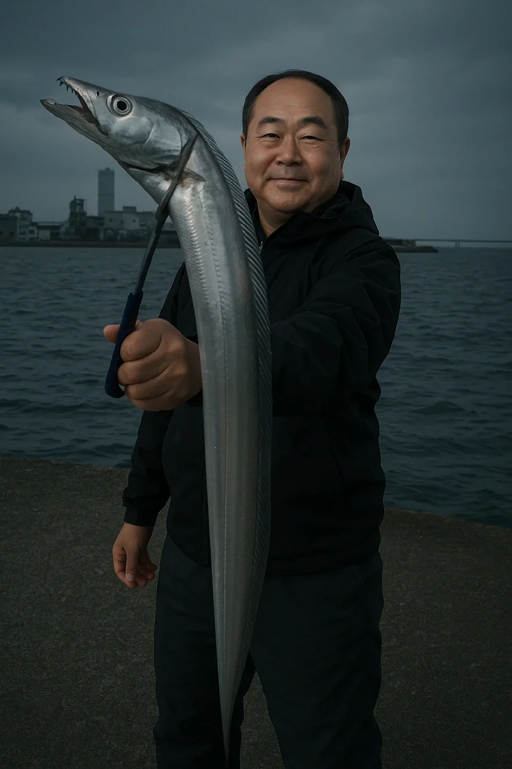 泉佐野食品コンビナートでタチウオを釣る持田