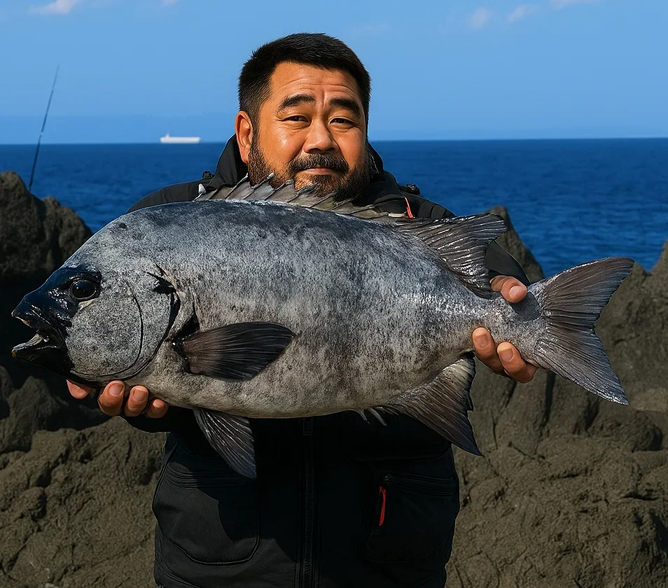 伊豆大島万根岬でイシダイを釣る楢崎