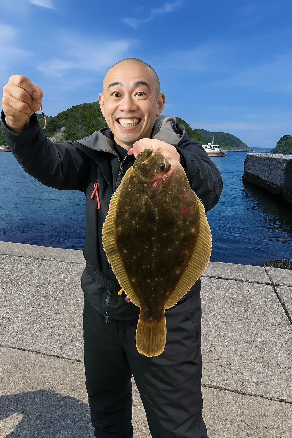 毘沙門港でカレイを釣るがんだま君