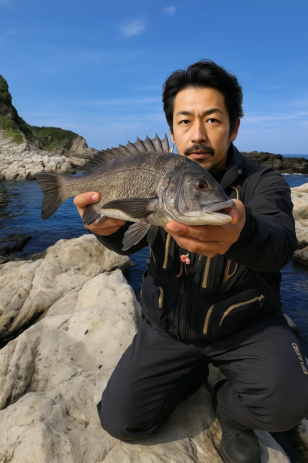 観音山下でクロダイを釣る佐々木
