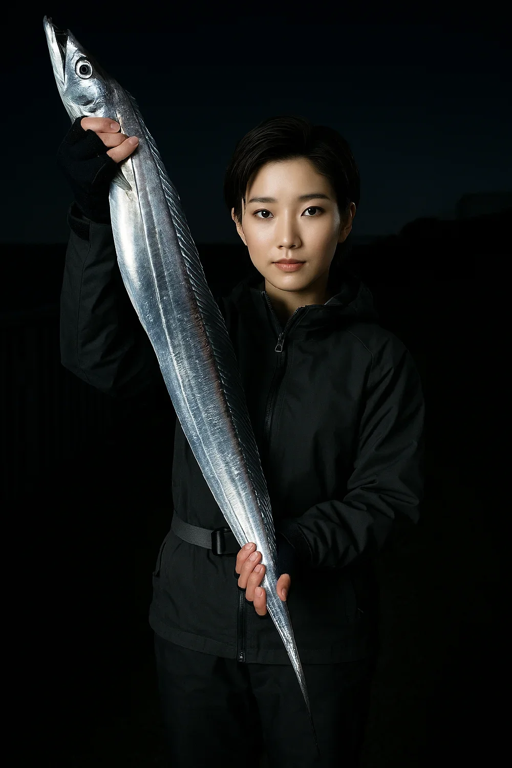 る貝塚人工島でタチウオを釣る佐伯