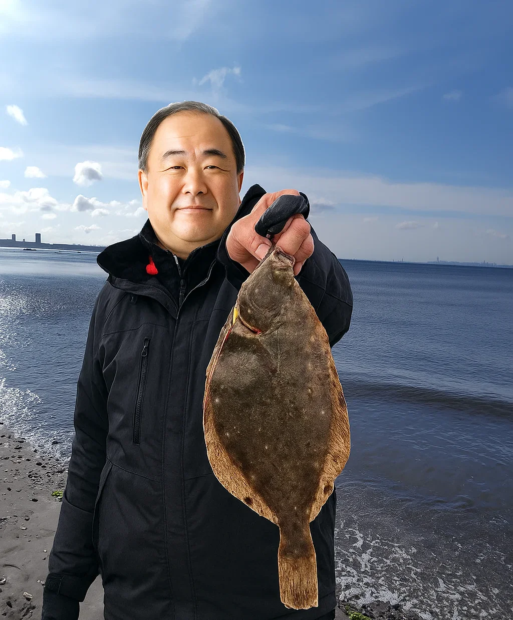 走水海岸でカレイを釣る持田