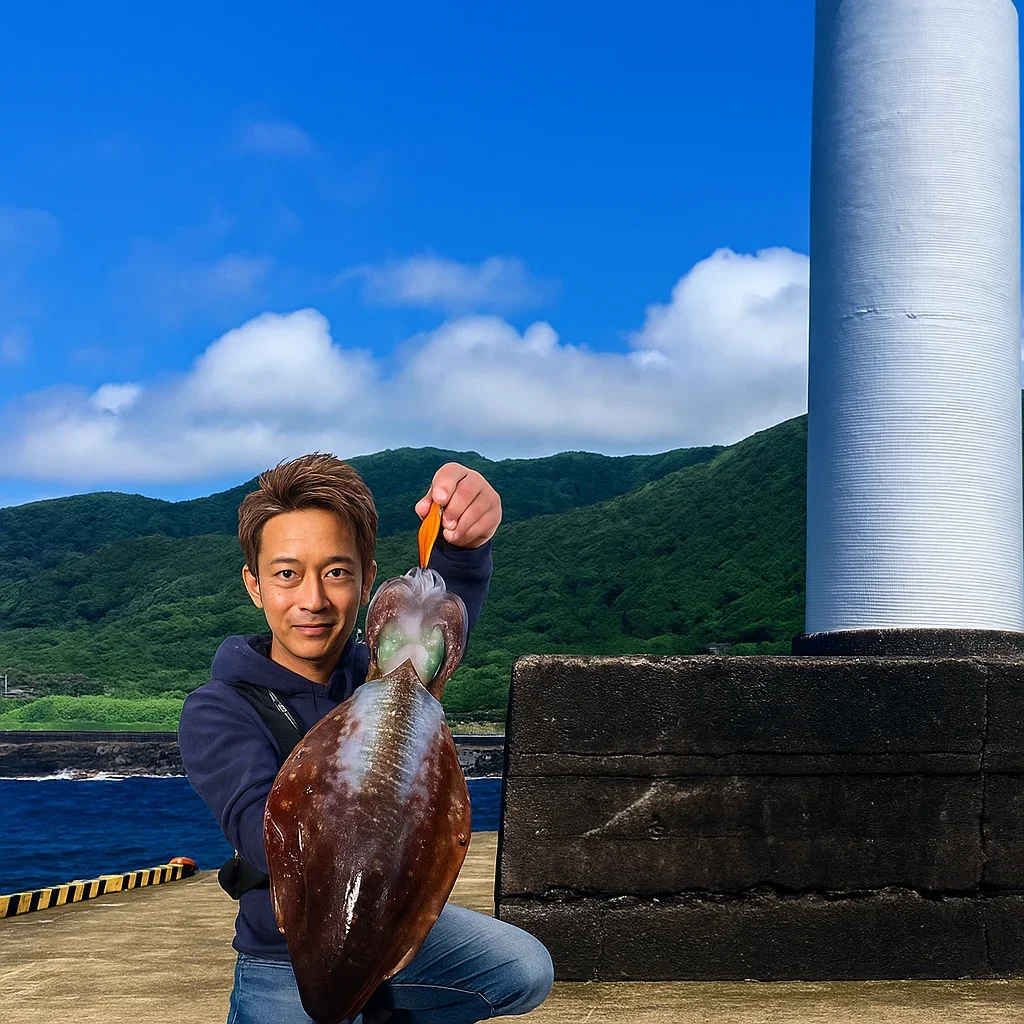 三宅島錆ヶ浜港でアオリイカを釣る亀岡