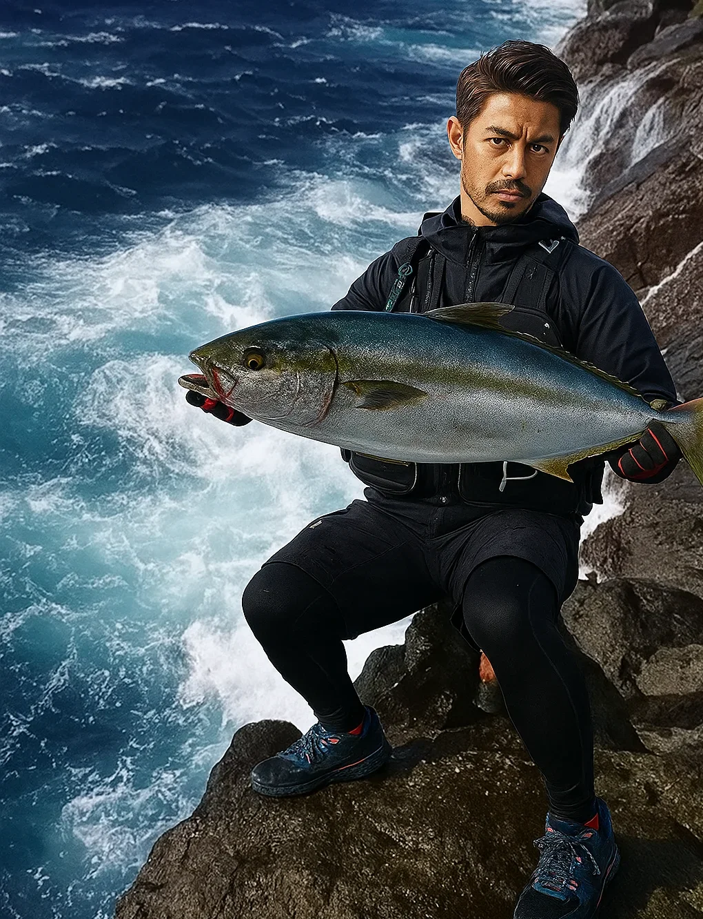 八丈島小岩戸ヶ鼻でヒラマサをつる広岡