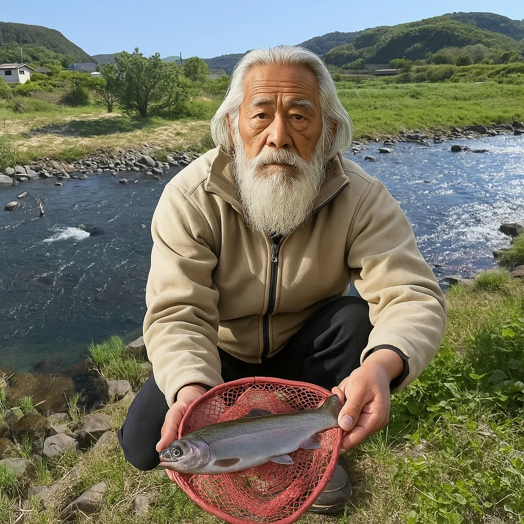 狩野川でニジマスを釣る米田