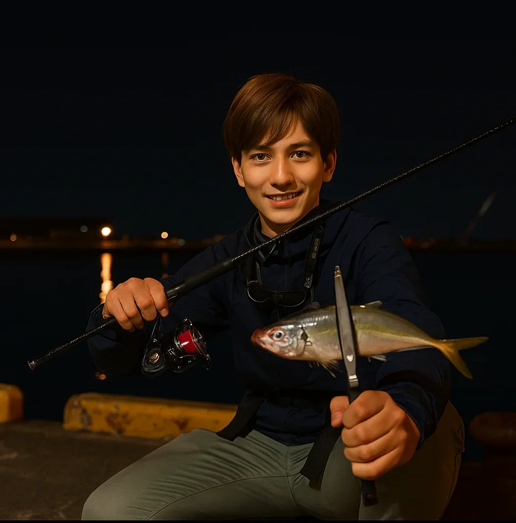 宿田曽漁港でアジを釣る久良木