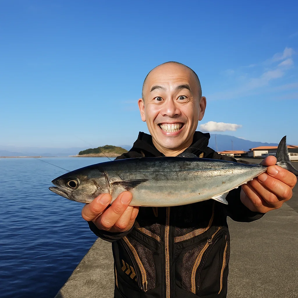 静浦港でソウダガツオを釣るがんだま君