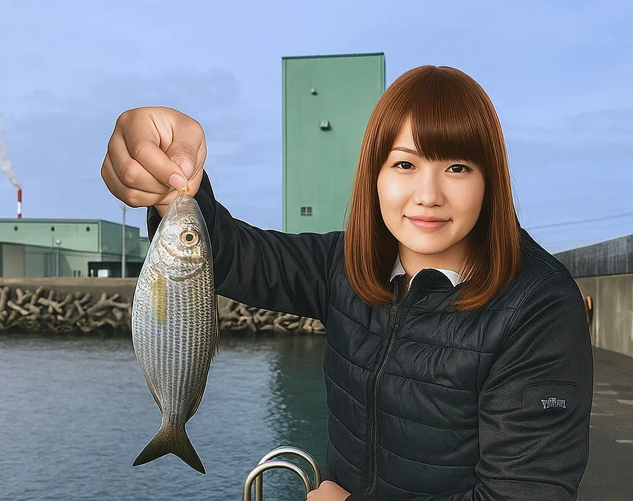 霞釣り公園でコノシロを釣る女性