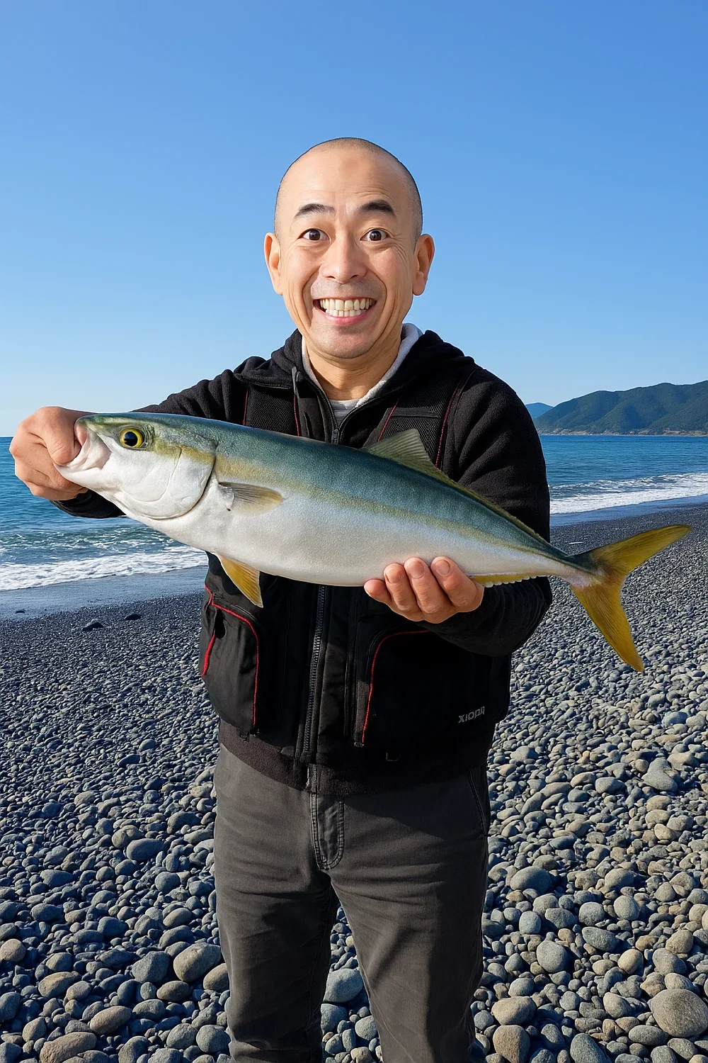 煙樹ヶ浜でハマチを釣るがんだま君