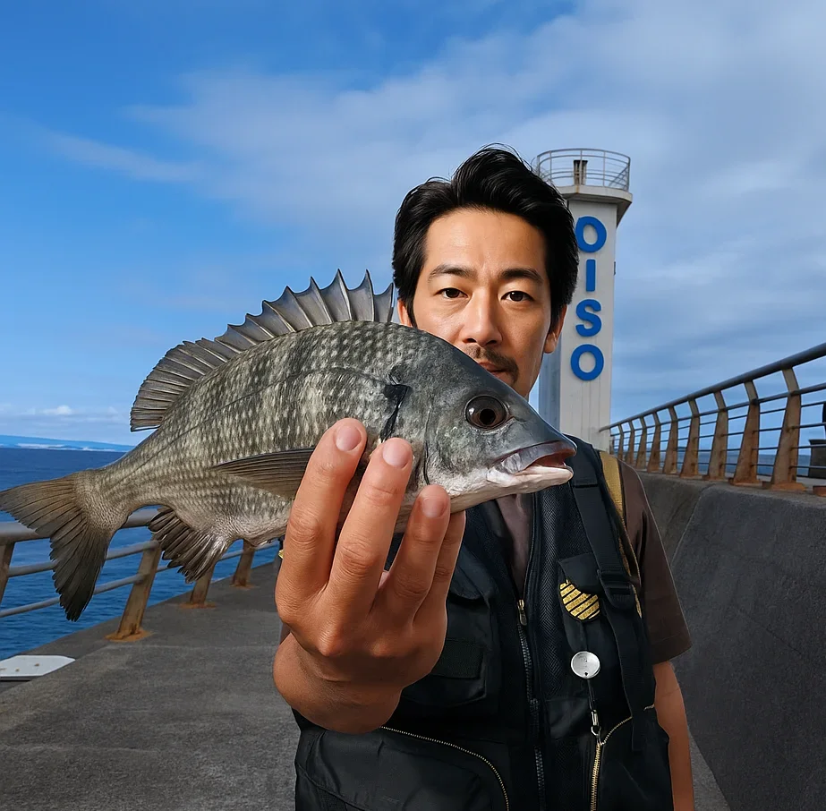 大磯港でクロダイを釣る佐々木