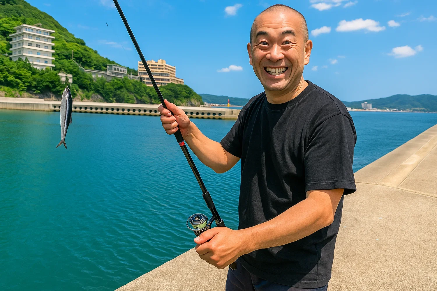 田ノ浦漁港でイワシを釣るがんだま君