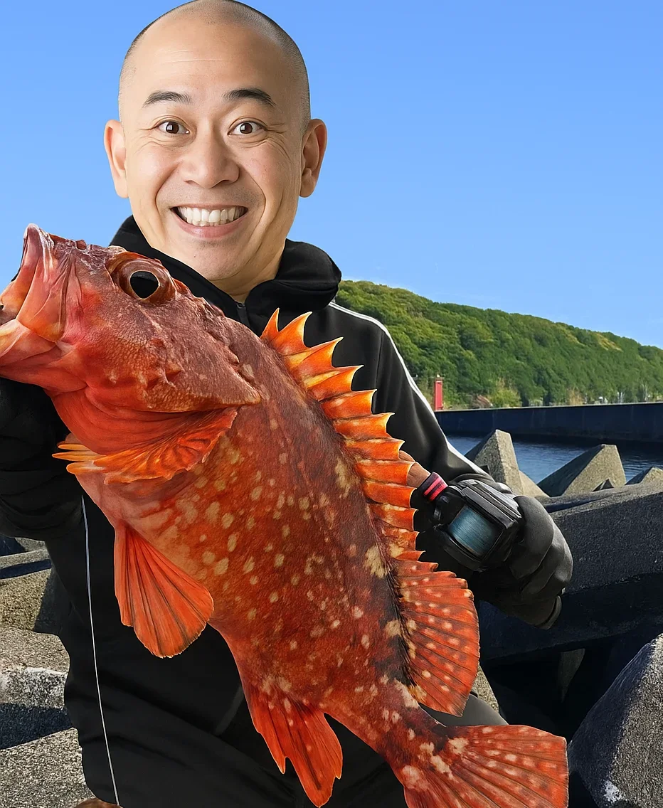 宿田曽漁港でカサゴを釣るがんだま君