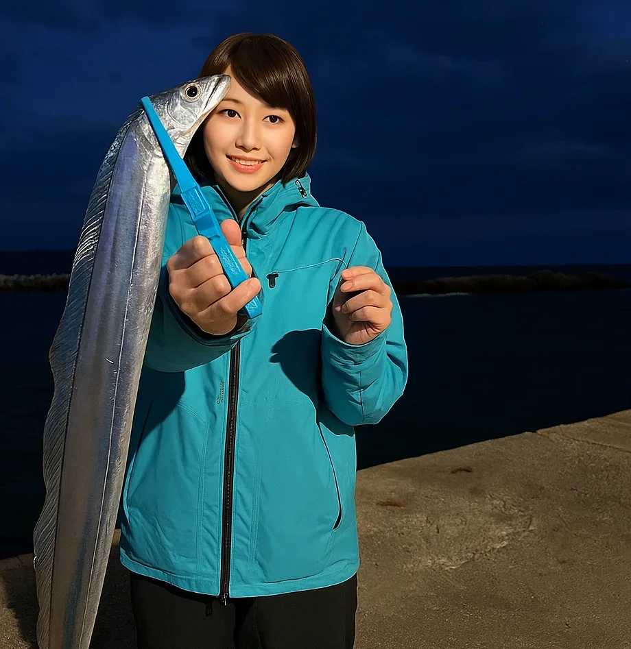 田ノ浦漁港でタチウオを釣る西岡