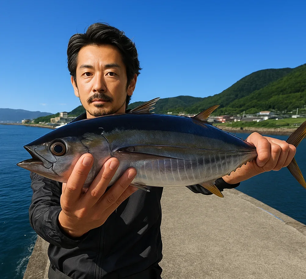 静浦港でメジマグロを釣る佐々木