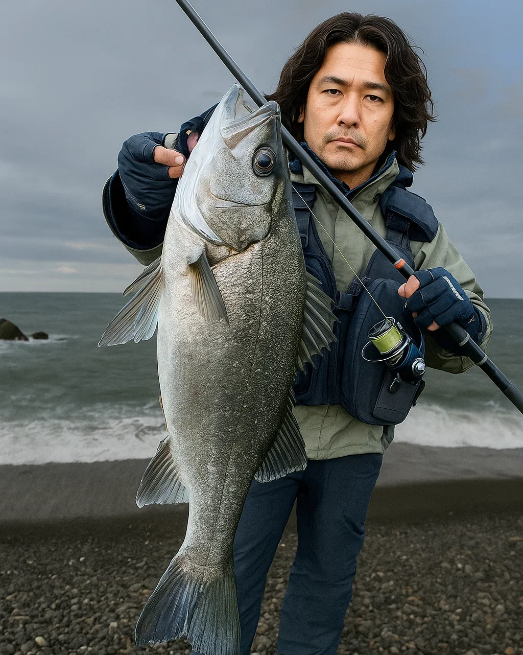 七里御浜でヒラスズキを釣る岸本
