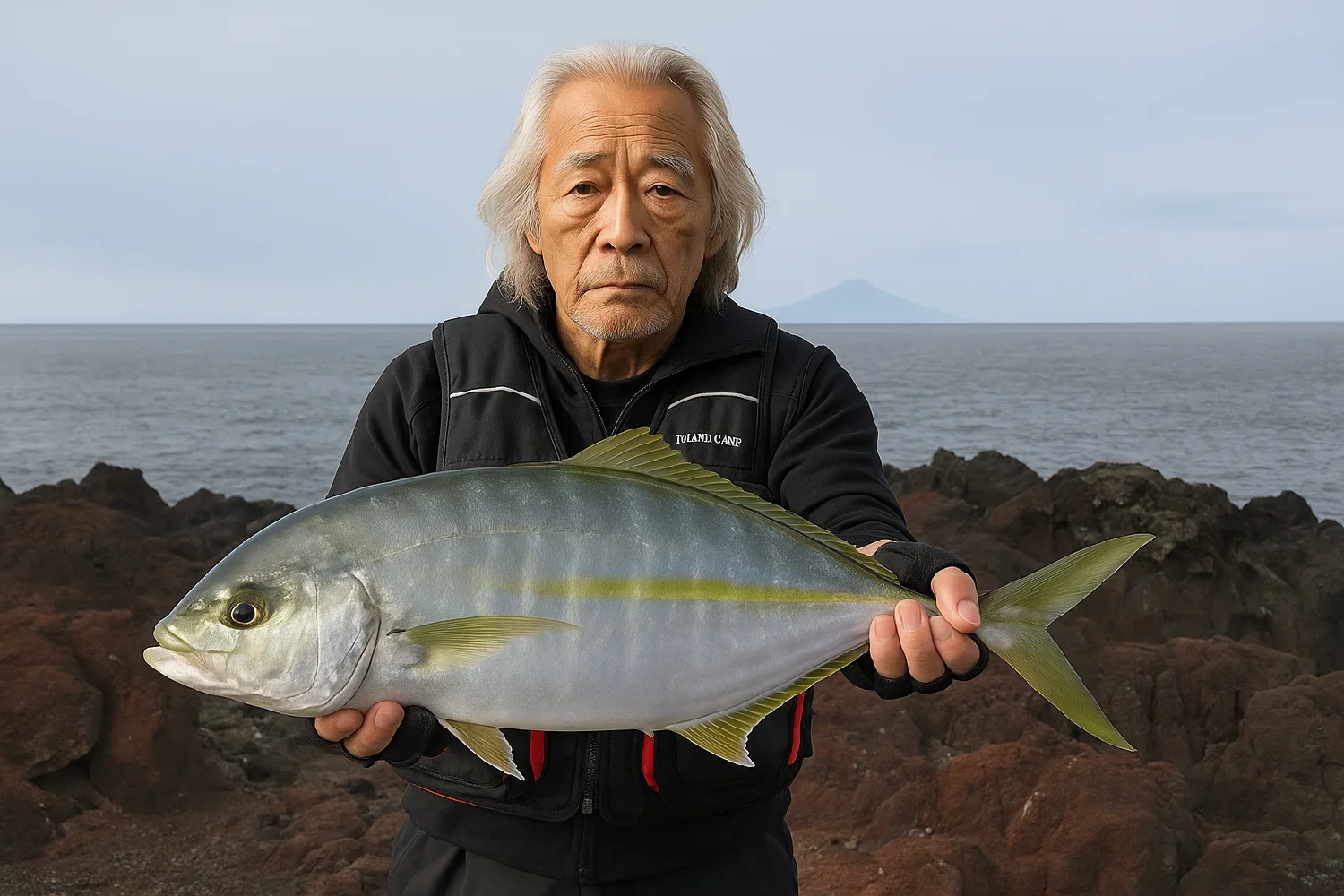 伊豆大島赤岩でシマアジを釣る米田
