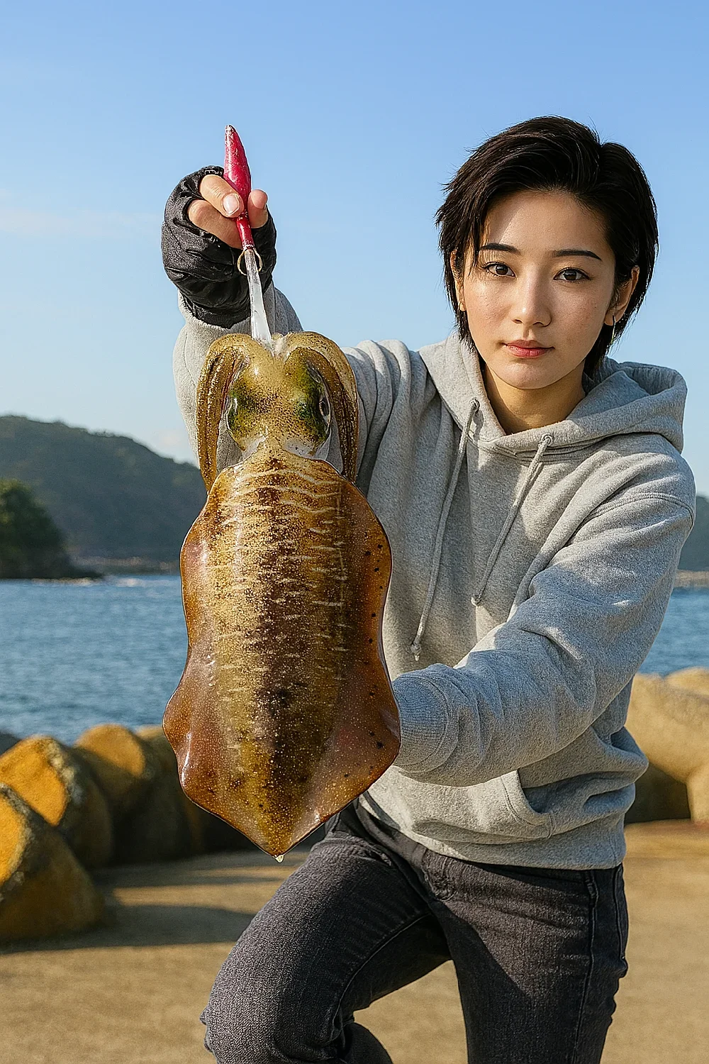 田儀漁港でアオリイカを釣る佐伯