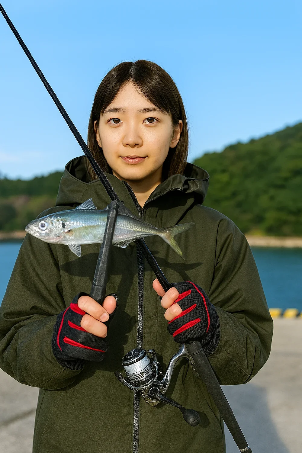 温泉津港でアジを釣る森永