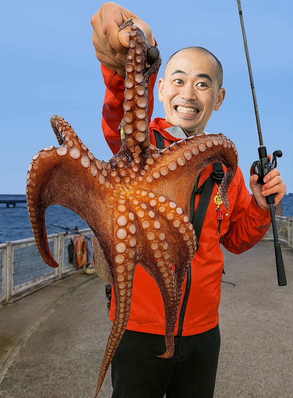 本牧海釣り施設でタコを釣るがんだま君