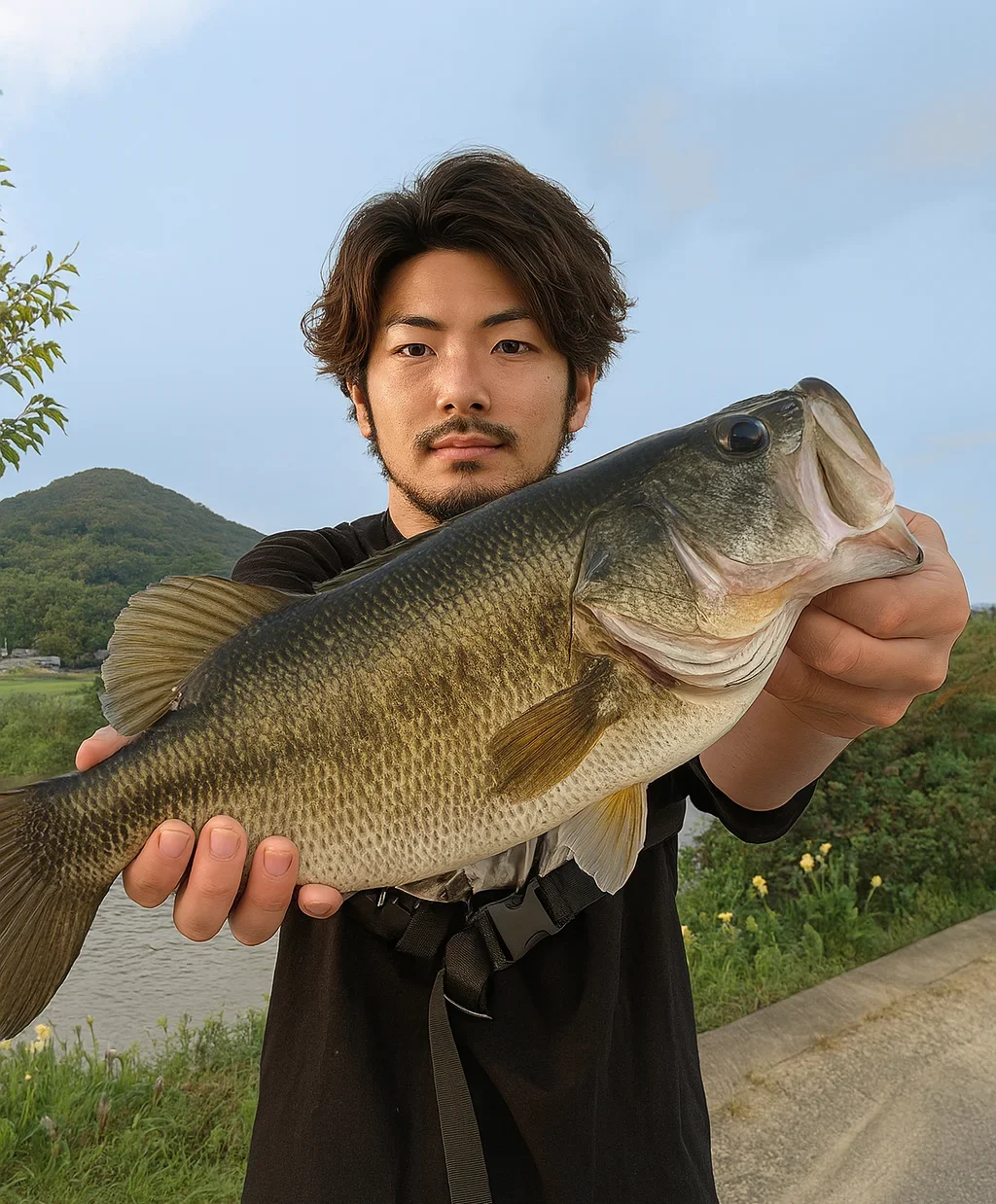 倉敷川でバスを釣る澤田