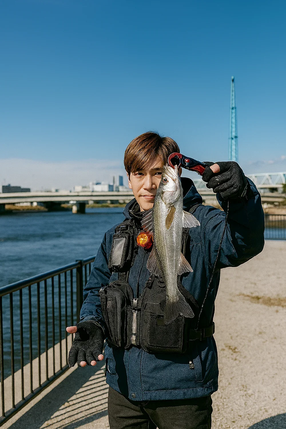 新木場公園でセイゴを釣る男性