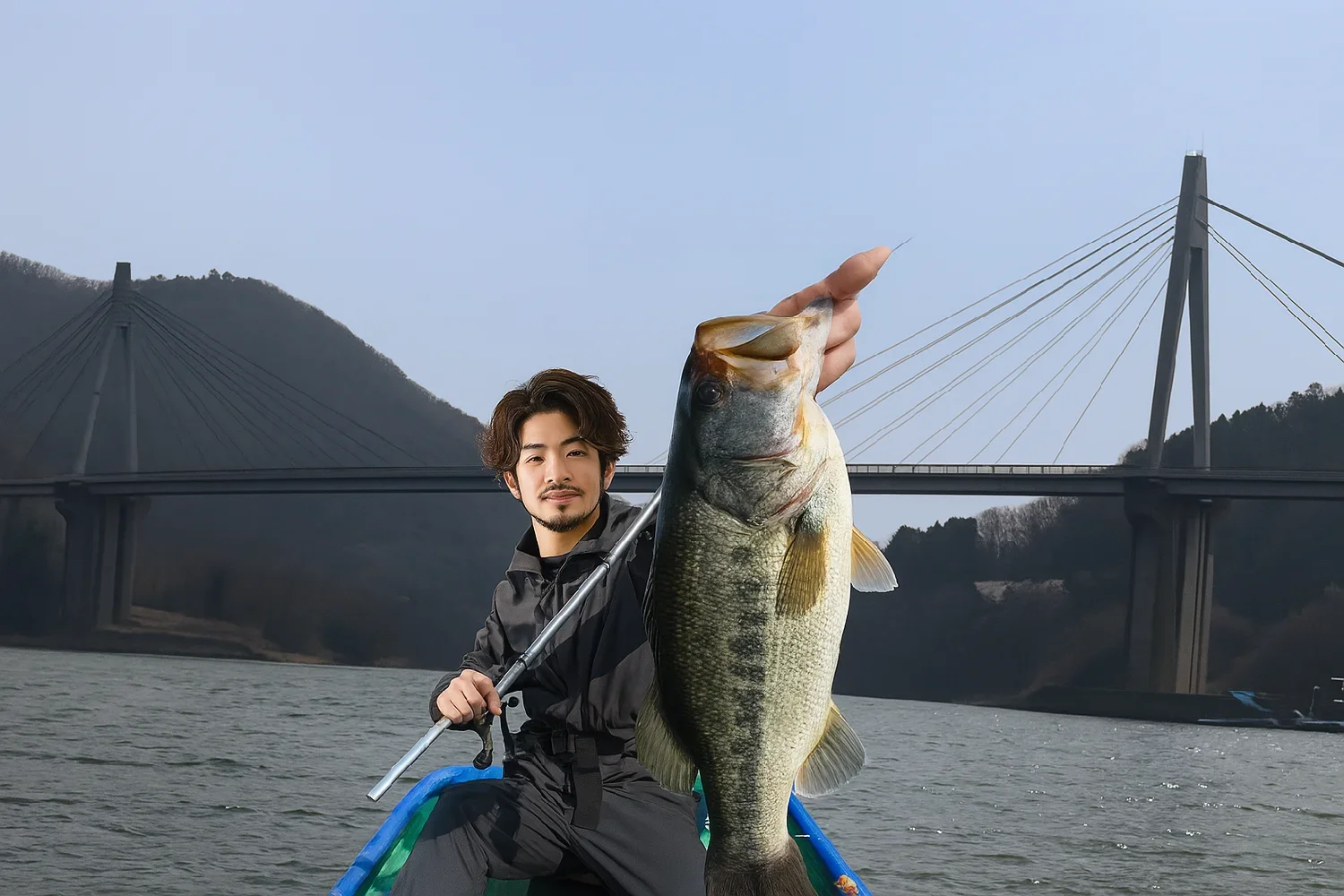 弥栄湖でバスを釣る澤田