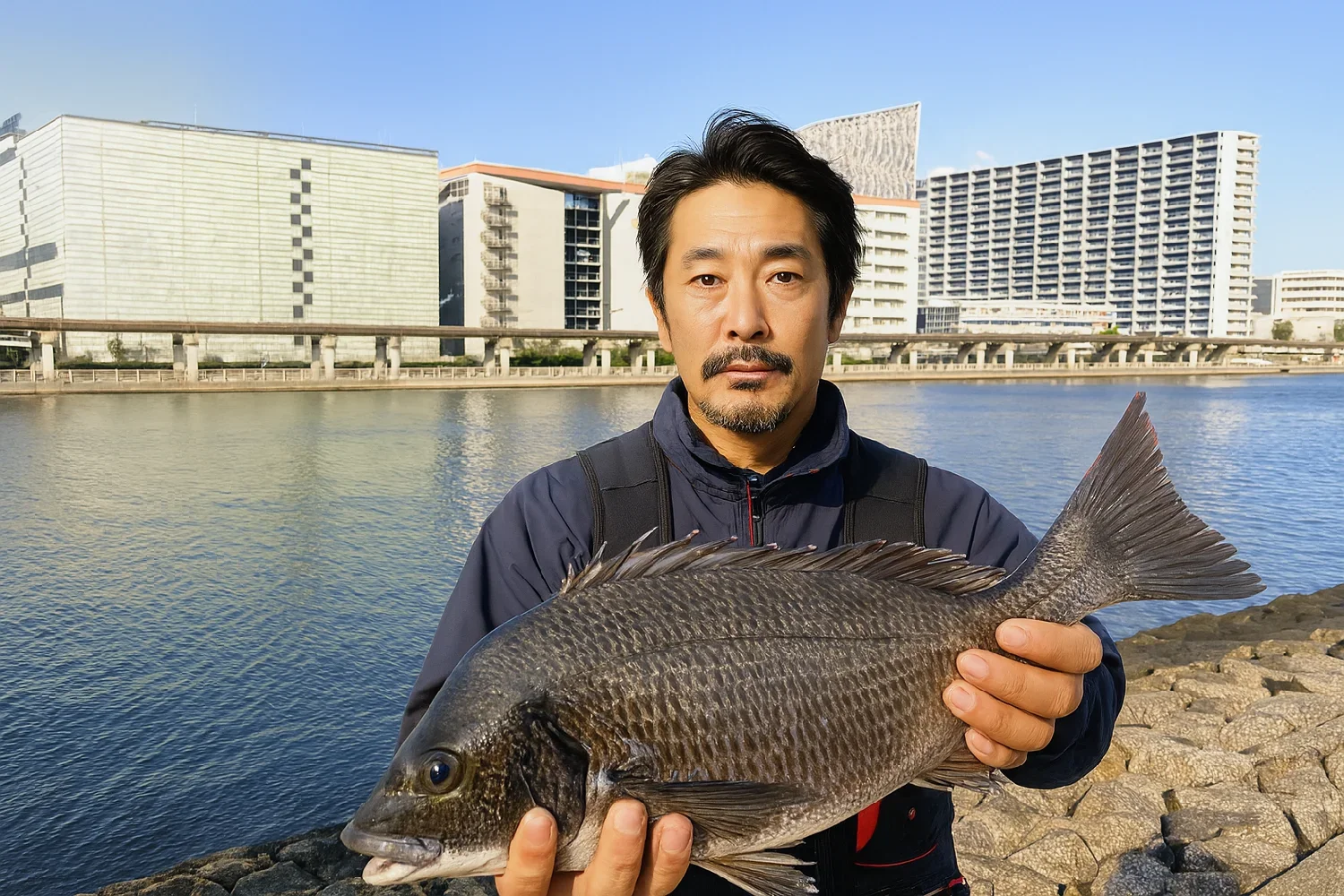 京浜運河緑道公園でクロダイを釣る佐々木