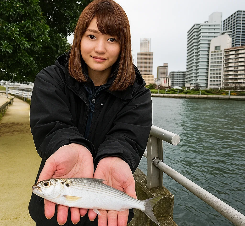 中の島公園でコノシロを釣る山際