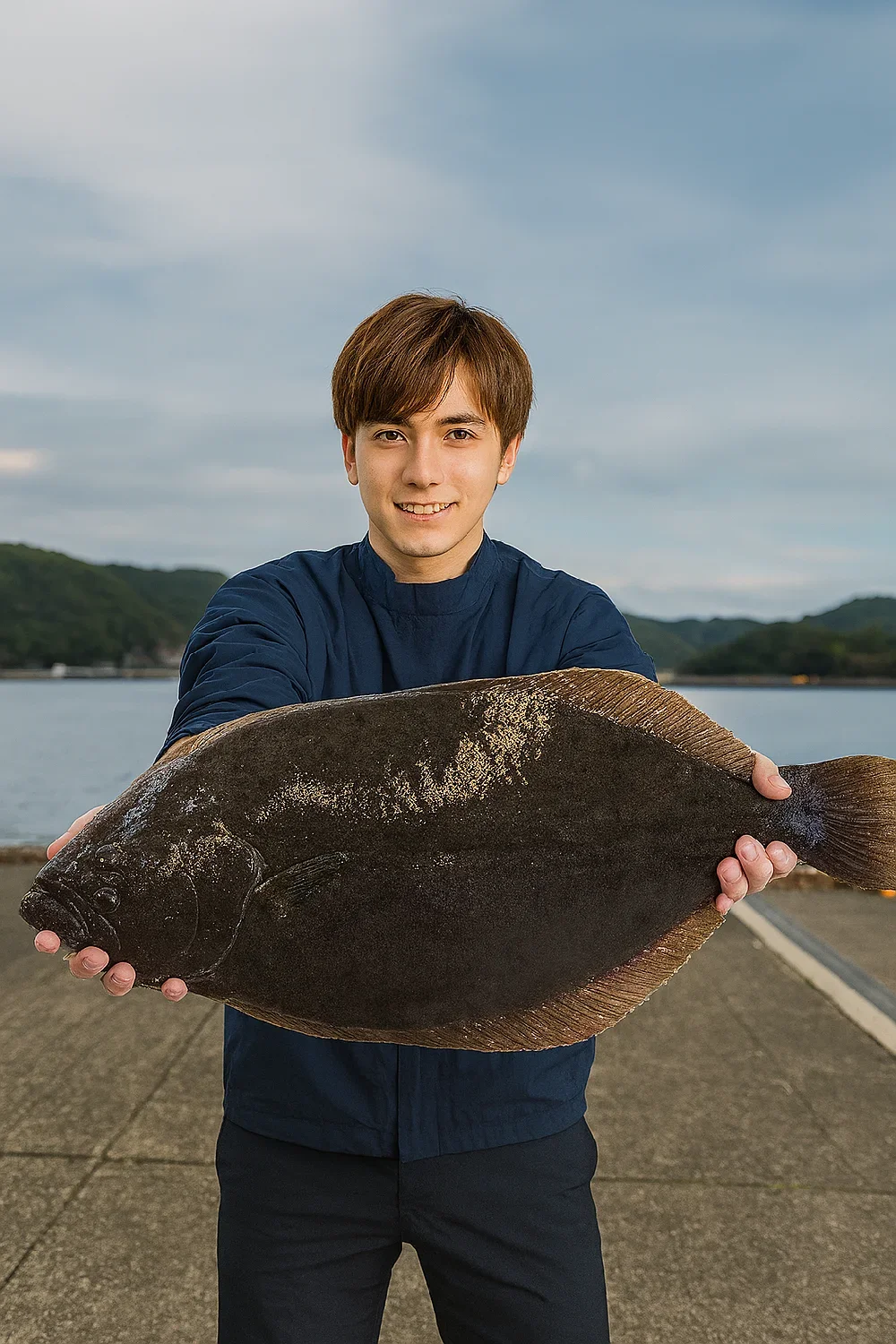 津居山港でヒラメの釣果を得た久良木