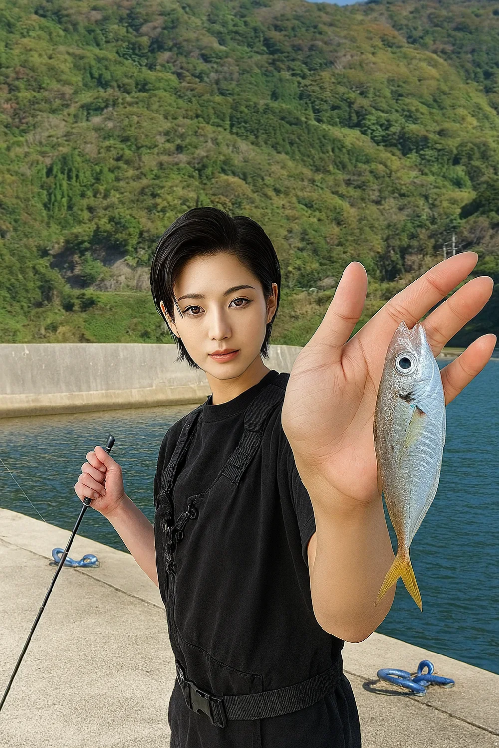 御津漁港でアジを釣る佐伯