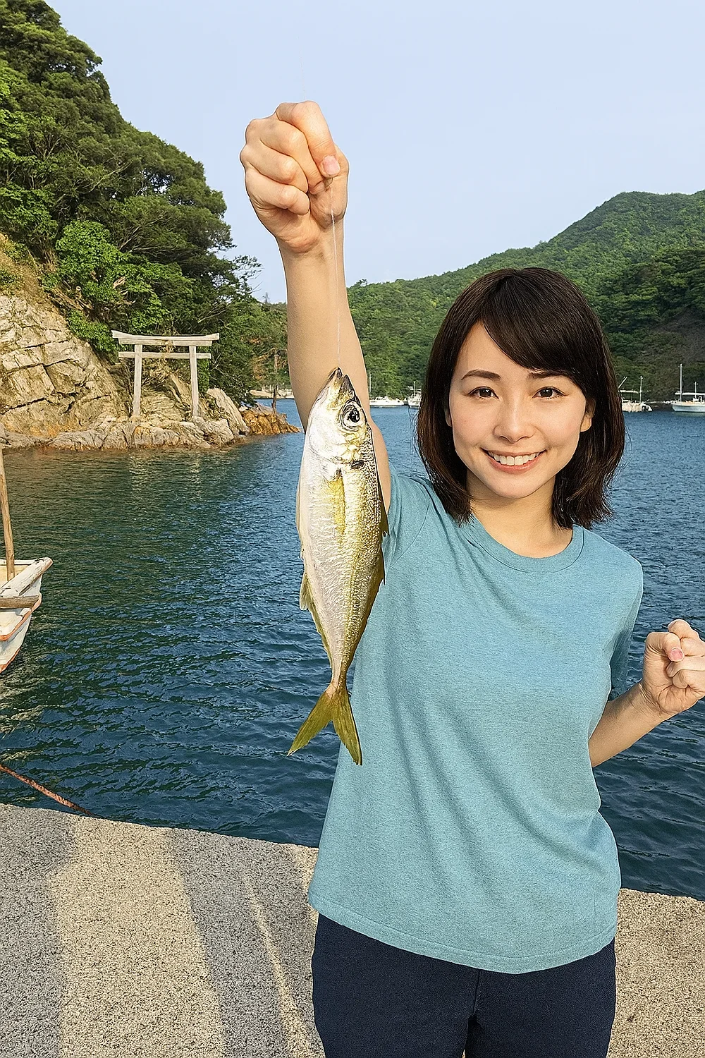 宇竜漁港でアジを釣る西岡