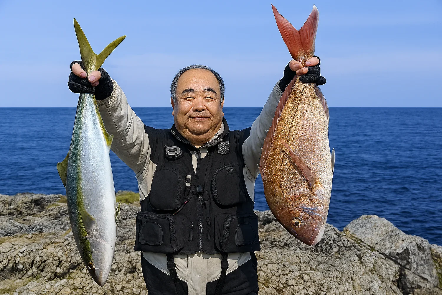 日御碕でマダイとヒラマサを釣った持田