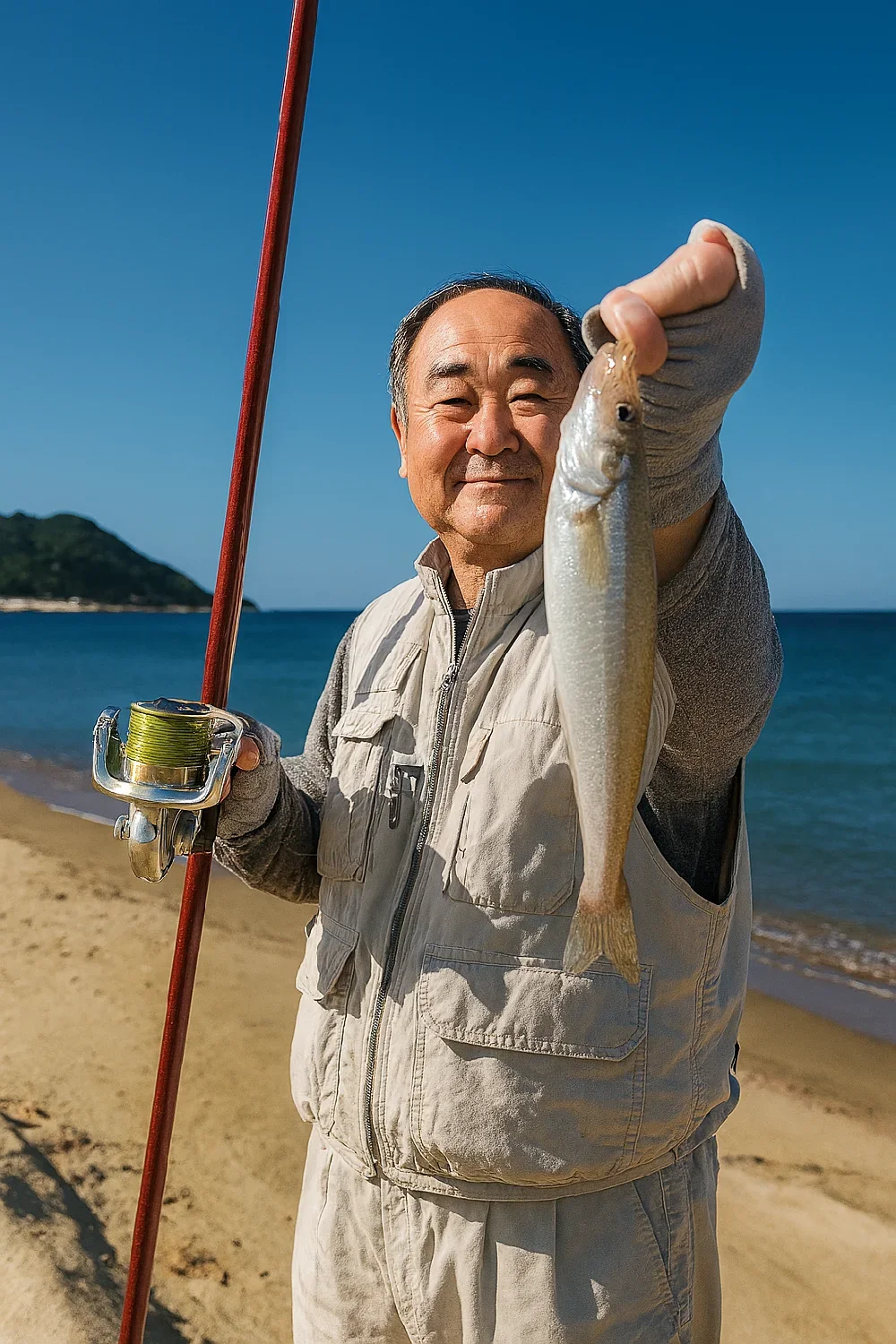 琴引浜でキスの釣果を得た持田