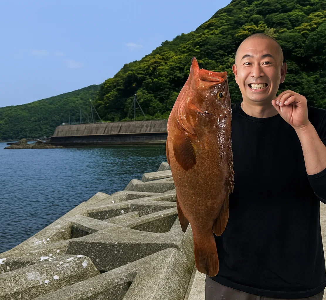 犬熊漁港でキジハタの釣果を得たがんだま君