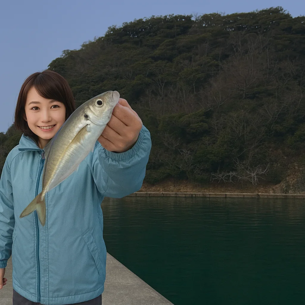 釣姫漁港でアジの釣果を得た西岡