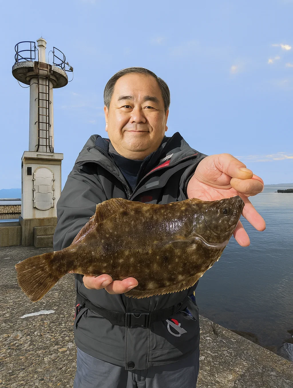 大海漁港でカレイを釣る持田